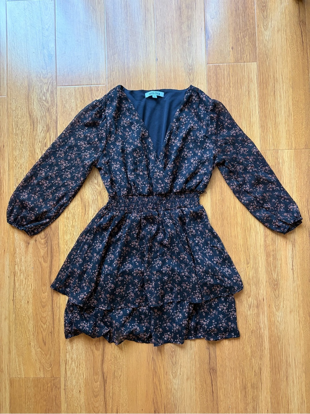 Smocked Waist Black Floral V-Neck Tiered Dress